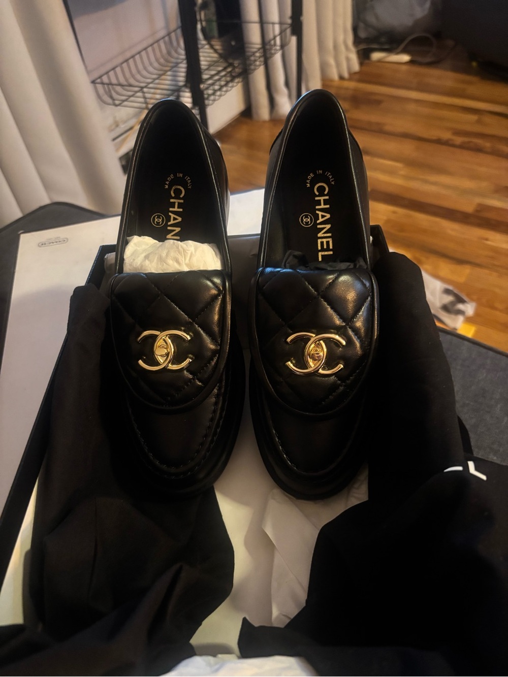 CHANEL Black Quilted Leather Slip-On Loafers with Gold CC